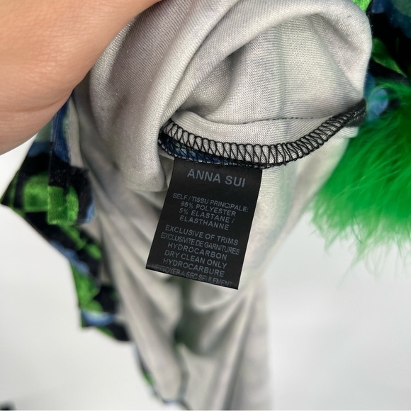 Anna Sui Green Floral Velvet Feather Cuff Abstract Pop Art Festival Maxi Dress S - Picture 6 of 8